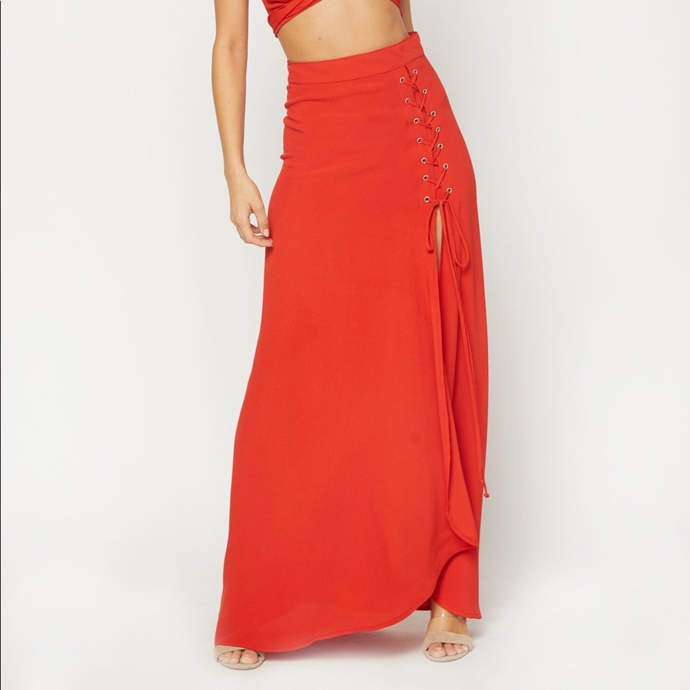 Flynn Skye Red Lace-Up Maxi Skirt